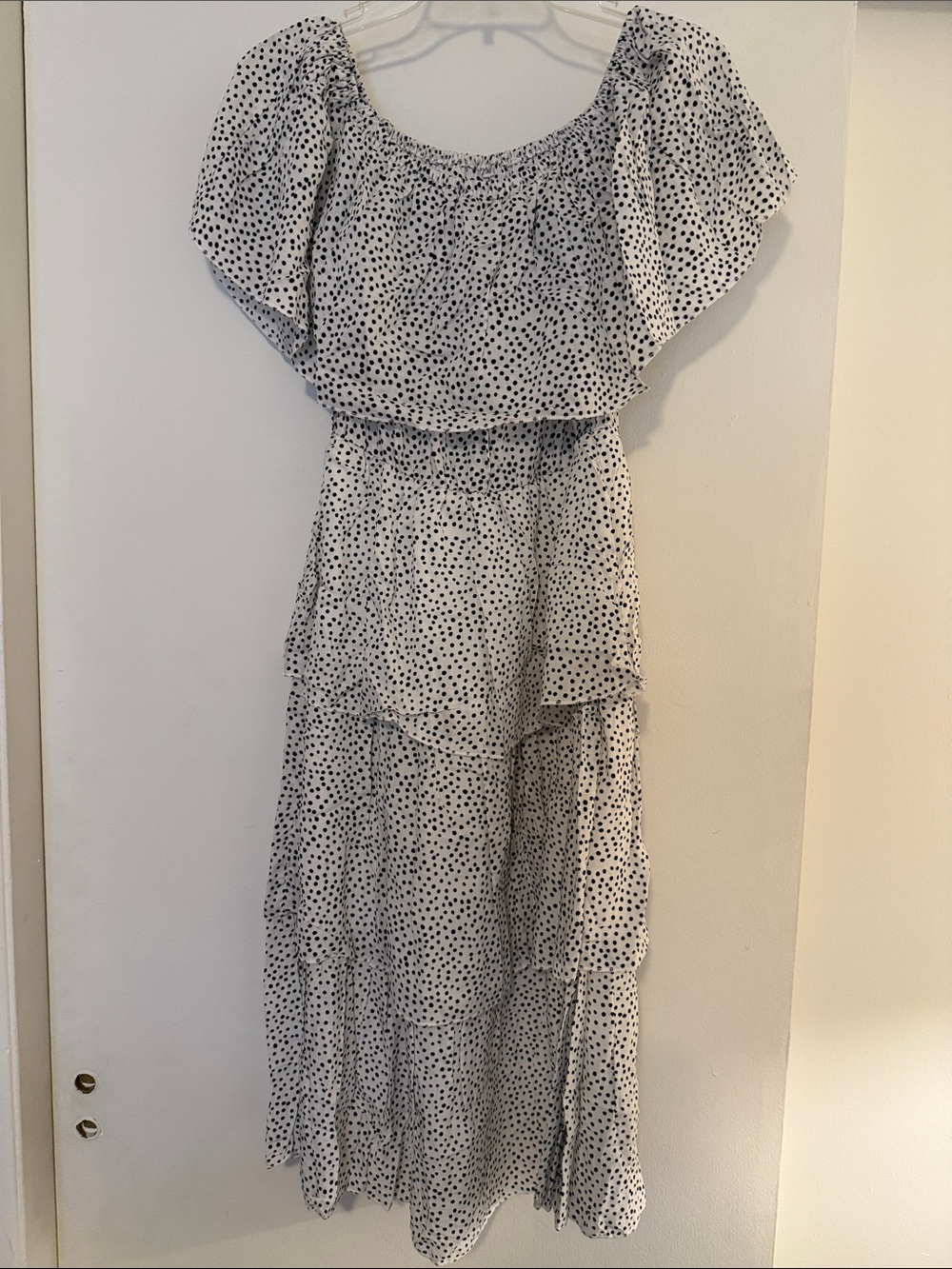 Women's White and Black Polka Dot Tiered Maxi Dress